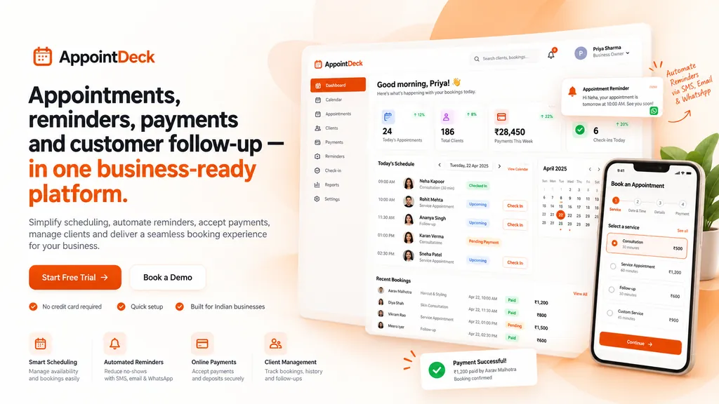 appointdeck.com concept: a laptop dashboard with today's schedule, calendar and client overview, a phone showing step-by-step appointment booking, and an appointment reminder notification.