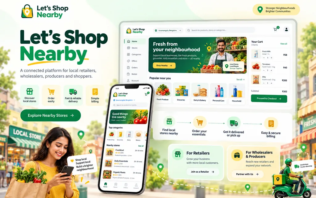 letshopnearby.com concept: a shopper finds nearby stores on a phone, a web dashboard shows local products and a cart, with steps from finding stores to delivery and billing, and panels for retailers, wholesalers and producers.